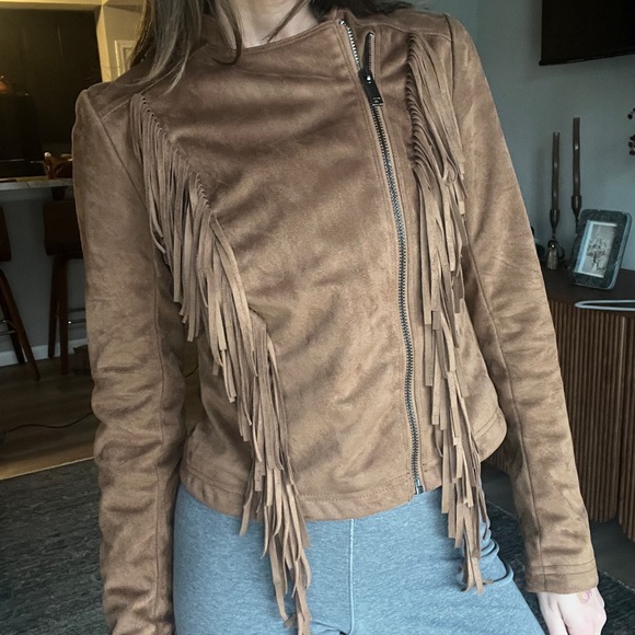 Black Rivet Jackets & Blazers - Black Rivet Tan Leather Jacket with Fringe